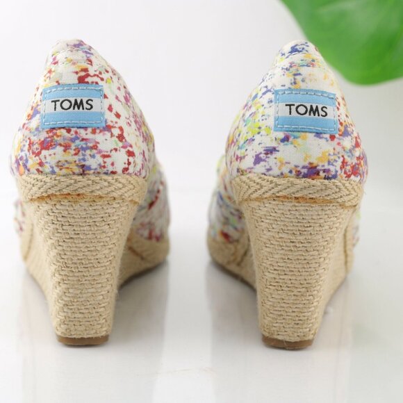 TOMS Womens Bernardo Pump Size 9 White Red Splash Canvas Open Toe Wedge Heel - Picture 8 of 12
